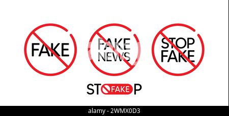 Gefälschte Nachrichtenstempel-Symbole. Hören Sie auf Fake News und Propaganda im fernsehen und in sozialen Medien. Vektor Stock Vektor