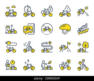 Symbole für Fahrradlinien. Mountainbike-, Reisefahrrad- und Elektrotransportset. Vektor Stock Vektor