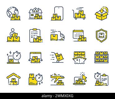 Symbole für Auslieferungspositionen. Rückgabepaket, logistischer Service und Liefertermin festgelegt. Vektor Stock Vektor