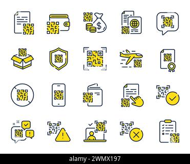 Symbole für QR-Codezeilen. Impfzertifikat, Telefon-qr-Scan und Qrcode-Dokumentensatz. Vektor Stock Vektor