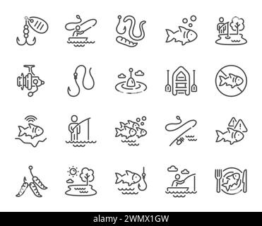 Symbole für Angelschnur. Aufblasbares Boot, Würmer- oder Madenköder und Angelruten Set. Vektor Stock Vektor