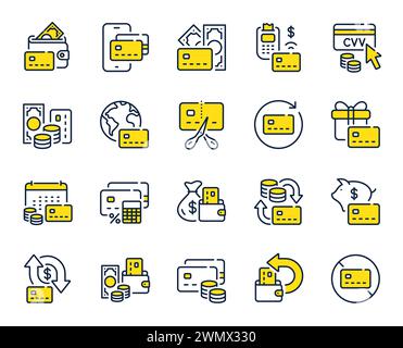 Symbole für Kreditkartenzeilen. Kartenterminal, Konkurs und kontaktloses Bezahlset. Vektor Stock Vektor