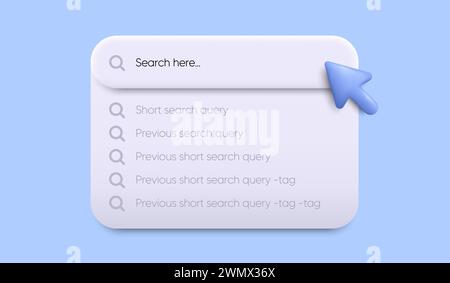 Suchleiste mit Dropdown-Feld für das Design der Webschnittstelle. Symbol für den Verlauf der Suchleiste. Mauszeiger mit 3D-Pfeil. Vektor Stock Vektor