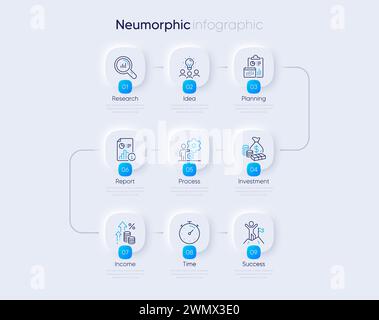 Neumorphes Business 9-Schritte-Flussdiagramm oder Zeitrahmen-Diagramm. Infografik des Präsentationsprozesses. Vektor Stock Vektor