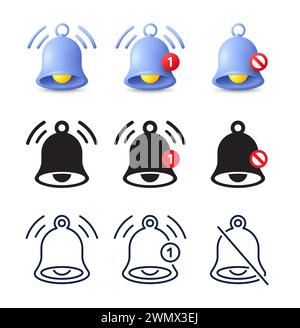 Symbolgruppe für Benachrichtigungsglocke. Symbole für eingehende Posteingangsnachrichten, Klingelton und Erinnerung an neue Nachrichten. Vektorabbildung Stock Vektor