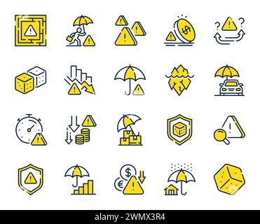 Zeilensymbole für Risikomanagement. Sicherheitsschirm, Eisberg-Bedrohung und Würfelspiel-Set. Vektor Stock Vektor