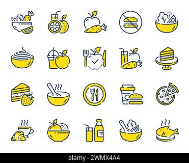 Symbole für die Essenslinie. Veganes Gericht, Poke Bowl Essen und gesundes Salatset. Vektor Stock Vektor