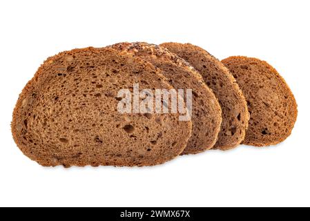 Scheiben von Roggenbrot mit Sesam, Flachs, Sonnenblumen und Mohn, isoliert auf weiß mit schneidendem Pathpapavero Stockfoto