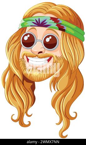 Lächelnder Hippie mit Sonnenbrille und Stirnband-Vektor. Stock Vektor