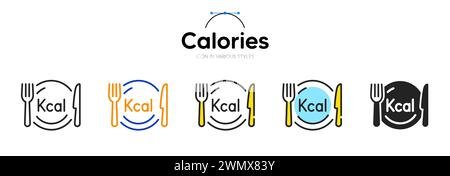 Kaloriensymbol in verschiedenen Stilen. Zweifarbige Kontur. Kcal Diät-Symbol für Web. Vektor Stock Vektor