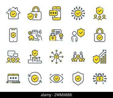 Symbole für Sicherheitslinien. Cyber-Sperre, Passwort, entsperren. Wache, Schild, Heimsicherheitssystem. Vektor Stock Vektor