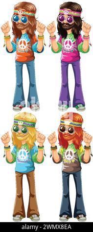 Farbenfrohe Retro-Hippie-Charaktere in verschiedenen Posen. Stock Vektor