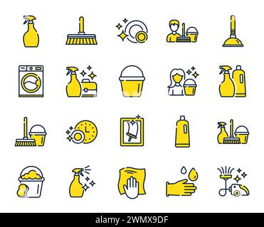 Symbole für Reinigungslinien. Wäsche, Schwamm und Vakuum. Vektor Stock Vektor