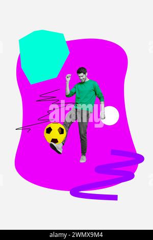 Collage 3D-Bild von Pin-up Pop Retro-Skizze von lustigem Mann, der Fußball spielt, Kick Fußball Ball seltsamer Freak bizarr ungewöhnliche Fantasy-Plakatwand Stockfoto