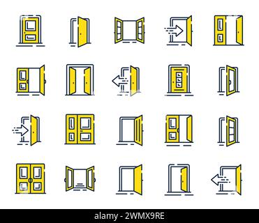 Symbole für die Eingangszeile. Umrisssymbole für Tür öffnen, Gebäudeeingang und Notausgang. Vektor Stock Vektor
