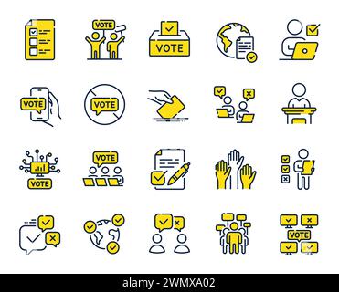 Symbole für Abstimmungslinien. Öffentliche Wahlen, Abstimmungsbox, Stimmzettel-Symbole. Kandidat, politische Abstimmung. Vektor Stock Vektor