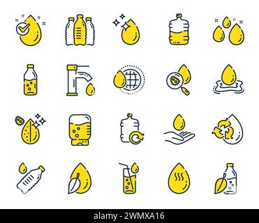 Symbole für Wassertropflinien. Set aus linearen Symbolen für Flasche, antibakteriellen Filter und Wasserhahn. Vektor Stock Vektor