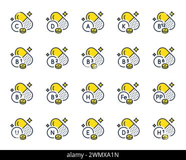 Symbole der Vitaminlinie. Nahrungsergänzungsmittel Kapseln, gesunde Ernährung und Multivitamin Komplex Set. Vektor Stock Vektor