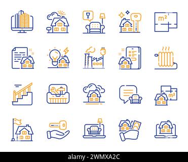 Symbole für Eigenschaftslinien von Gebäuden. Wohnraumplan, Wohnzimmermöbel und Immobilien-Set. Vektor Stock Vektor