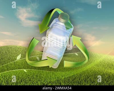 Landschaft mit einer Plastikflasche in einem Recyclingschild. Digitale Illustration. Stockfoto