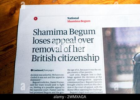 "Shamima Begum verliert Berufung wegen der Entfernung ihrer britischen Staatsbürgerschaft" Guardian Zeitung Headline Law Court artikel 24 Februar 2024 London UK Stockfoto