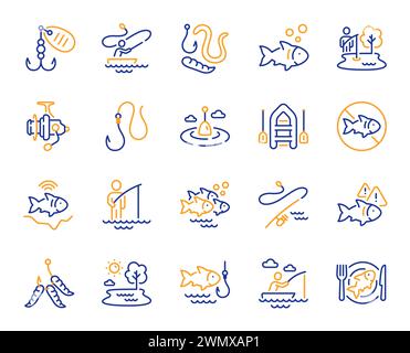 Symbole für Angelschnur. Aufblasbares Boot, Würmer- oder Madenköder und Angelruten Set. Vektor Stock Vektor