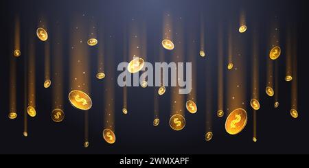 Digital Money Rain Konzept. Goldmünzen fallen auf einen dunklen Hintergrund. Stock Vektor