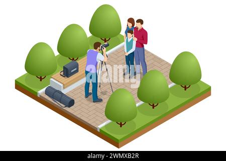 Isometrischer professioneller Fotograf, der Fotos von der Familie im Park macht. Familie wird für Familienporträt fotografiert Stock Vektor
