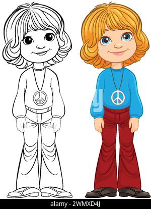 Cartoon Mädchen mit Friedenssymbol, farbig und umrissen. Stock Vektor