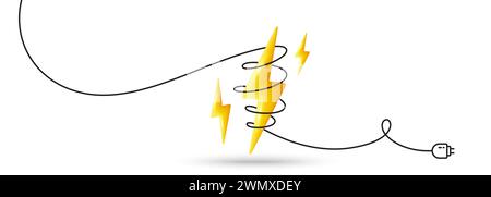 Hintergrund der Energiekrise. Realistischer 3D-Blitz mit Kabel. Banner für elektrische Stromversorgung. Vektorabbildung Stock Vektor