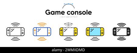 Zeilensymbol der Videospielkonsole in verschiedenen Stilen. Zweifarbige Kontur. Tragbares Joypad-Symbol für Web. Vektor Stock Vektor