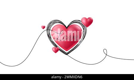 Durchgehende Linie Liebes-Hintergrund. Valentinstag- oder Muttertagsbanner mit 3D-Herz. Handgezeichnete durchgehende Strichgrafik. Vektor Stock Vektor