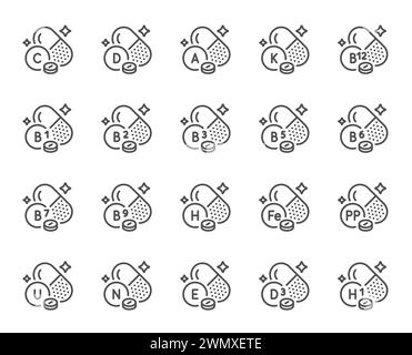 Vitamine Nahrungsergänzungsmittel Kapseln Linien Symbole. Gesunde Ernährung, natürliche Vitamine und Multivitaminkomplex Set. Vektor Stock Vektor