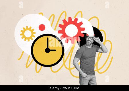 Abstrakte kreative Artwork Vorlage Collage von Smart Guy Erstellen Kopf Arbeitsplan isolierte Biege Farbe Hintergrund Stockfoto