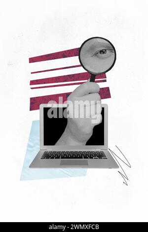 Vertikale Grafik Collage Bild der Hand halten Lupe Auge Laptop Internet online Cyber Angriff Virus Verdacht Spion isoliert auf weißem Farbe Hintergrund Stockfoto