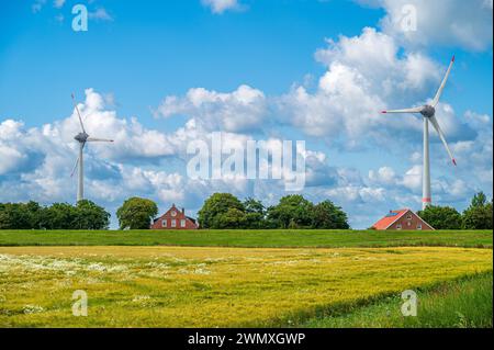 Ländliche Szene mit Windturbinen hinter Bauernhäusern unter bewölktem Himmel, Friesland, Wangerland, Niedersachsen Stockfoto