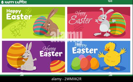 Zeichentrickillustration von glücklichen Osterhasen und Küken Charaktere mit bemalten Ostereier Grußkarten Designs Set Stock Vektor