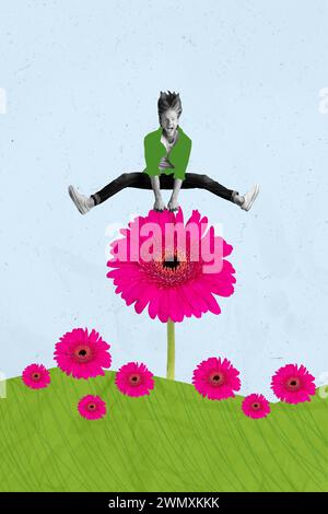Kreative abstrakte Vorlage Grafiken Collage Bild von funky Kerl springen über große Blumen isoliert bunten Hintergrund Stockfoto
