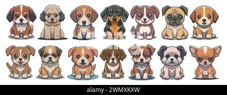 Süße, lustige Zeichentrickhunde kritzeln Vektorset. Stock Vektor
