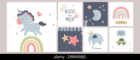 Niedliche Boho Baby Poster im skandinavischen Stil. Böhmische Kindergarten-Karten mit Einhorn, Regenbogen, Sternen, Mond, Auto und Elefantentier. Dekor mit Vektormuster für Kinderzimmer. Baby Wandbilder Schlafsammlung Stock Vektor
