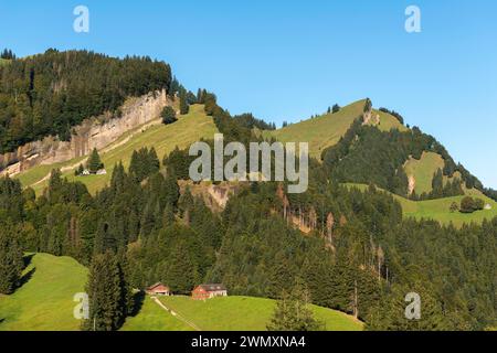 Urnaesch, Alm, Wald, Felswände, Weg, Kanton Appenzell, Ausserrhoden, Appenzeller Alpen, Schweiz Stockfoto