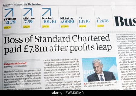 „Boss of Standard Chartered zahlte 7.8 Millionen Pfund nach Gewinn LEAP“ Guardian Zeitung Headline Business CEO Rise in Pay artikel 24 Februar 2024 London UK Stockfoto