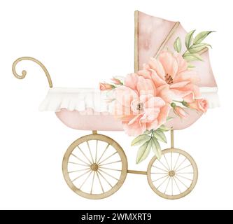 Babywagen in Aquarellfarben mit Rosenblüten im Vintage-Stil. Kinderwagen im Retro-Stil in niedlichen Pastellfarben in Rosa und Beige. Niedliche Kutsche für Kinder. Handgezeichnete Illustration des Perambulators für Neugeborene-Party. Stockfoto