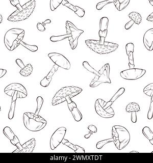 Nahtloses Muster mit ungenießbaren Pilzen im Line-Art-Stil. Design zum Einpacken von Papier, Tapeten, Textilien mit Fliegenpilz, zerstörendem Engel, tödlich Stock Vektor