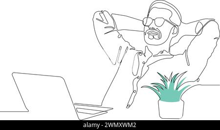 Eine einzige Linie Zeichnung von jungen glücklich ruhig Millennial Mann in Brille sitzen entspannen zu Hause Büro Arbeitsplatz Vektor-Illustration Stock Vektor