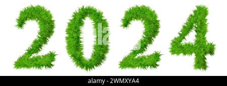 Konzept Konzept 2024 Jahre aus grünem Sommer Rasen Grassymbol isoliert auf weißem Hintergrund. 3D-Illustration als Metapher für die Zukunft, die Natur Stockfoto