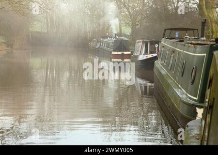 Schmale Boote vertäuten bei der Bank Newton am Leeds-Liverpool-Kanal in der Nähe von Gargrave, North Yorkshire. Stockfoto