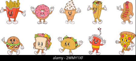 Retro Cartoon Fast Food. Burger, Pizza, Eis im Vintage-Stil. Lustiger grooviger Drink und Pommes Frites, Sandwiches, kuscheliger Vektor-Clipart Stock Vektor