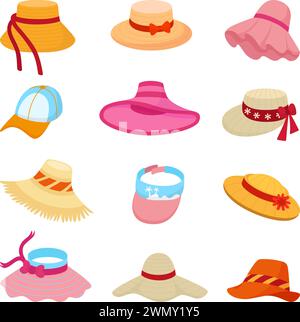 Cartoon weibliche Strandhüte. Strohhut aus Textil für Ruhe- und Landwirtschaftsarbeiten. Sommermütze für Frauen zum Wandern und Sonnenbaden, neoterische Vektor-Clipart Stock Vektor