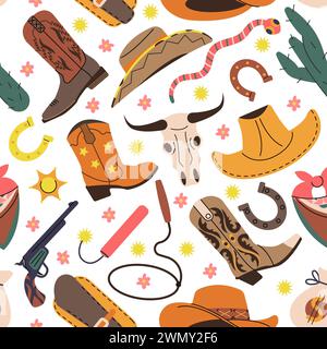 Stylisches, nahtloses Cowboy-Muster. Hufeisen, Stiefel und Hüte im Wilden Westen-Stil. Modisches Western-Rodeo-Design. Dekorativer anständiger Vektor-Hintergrund Stock Vektor
